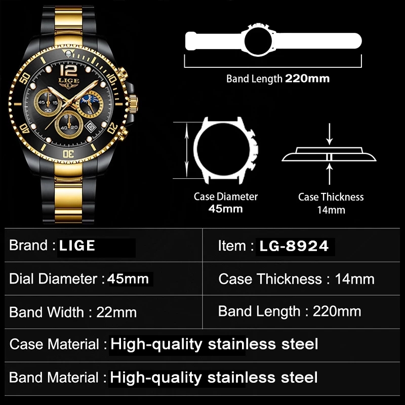 LIGE-Montre à quartz étanche e - Luxury Watch Gold And Black avis et prix
